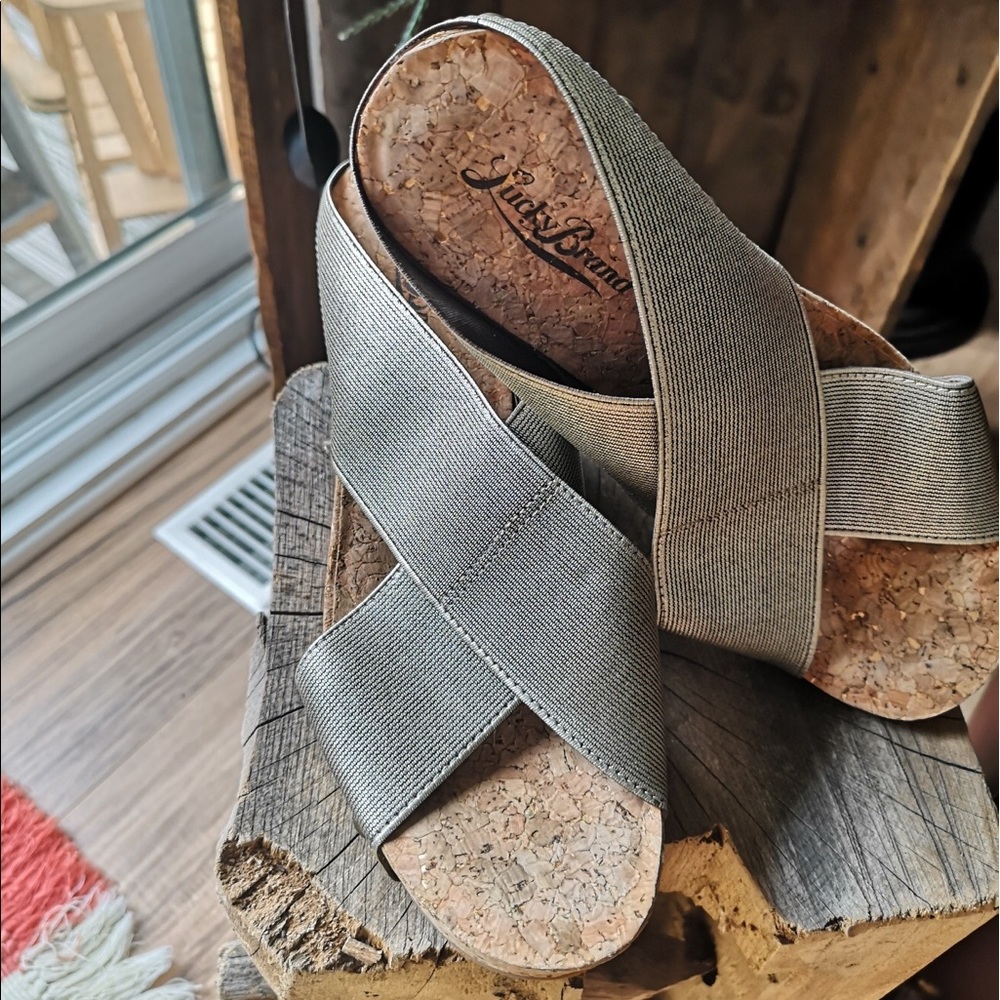Lucky brand cork wedge sandals beige sparkle colours office wardrobe summer